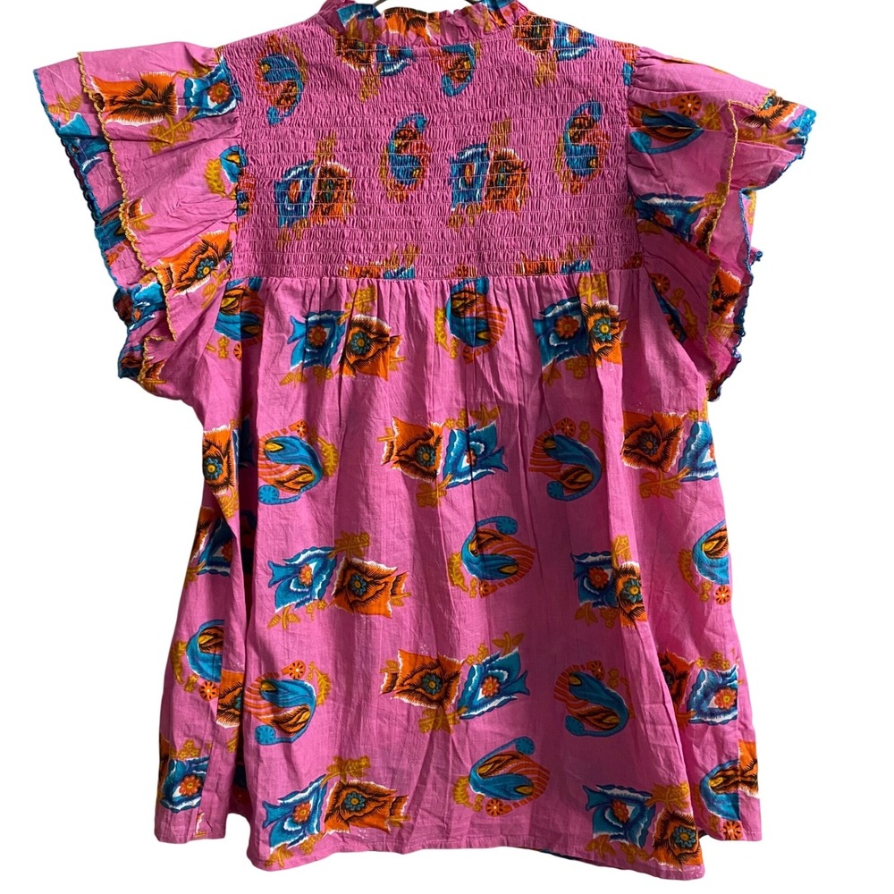 Ivy Jane Pink Abstract Floral Smocked Ruffle Sleeve Cotton Blouse 641370 M - Picture 3 of 8